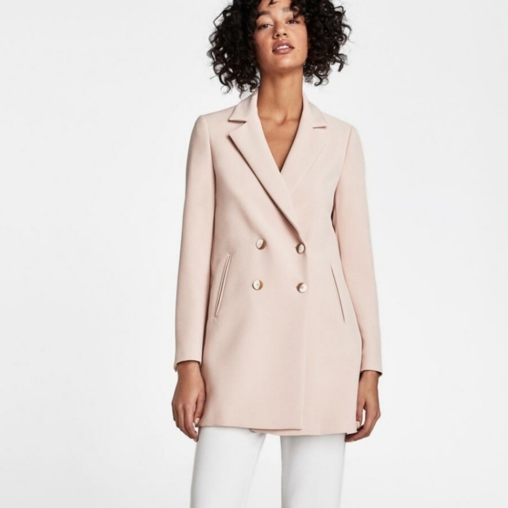Zara Double Breasted Blazer Dress Jacket  Coat Light Pink Sz S